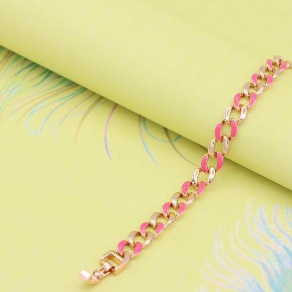 "Rose Gold Pink Enamel Chain Link Bracelet, Bold and Trendy Design, XPBL0757 - Picture 4 of 12